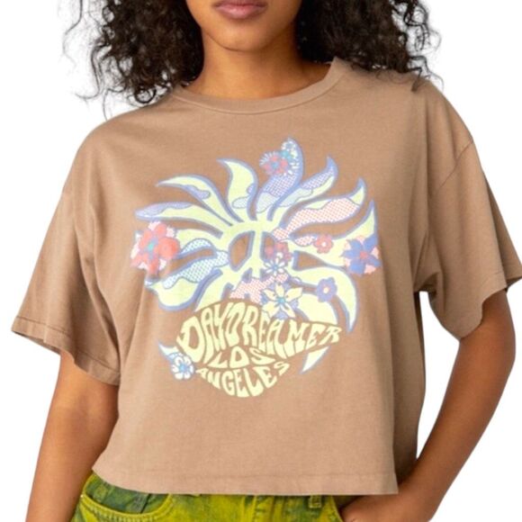 New! Daydreamer Women's Peace Sun Boxy Short Sleeve Crop Tee Taupe Tan XS NWT - Picture 13 of 16